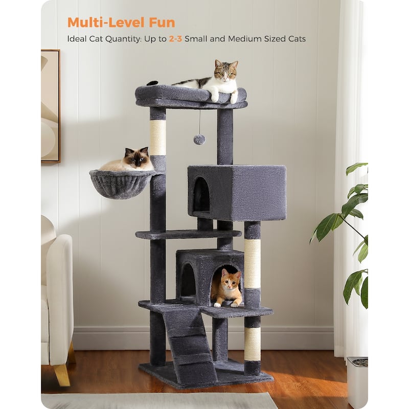 Cat Tree with Large Top Perch, Plush Hammock, 2 Condos, Dangling Pompom & Cat Scratching Posts