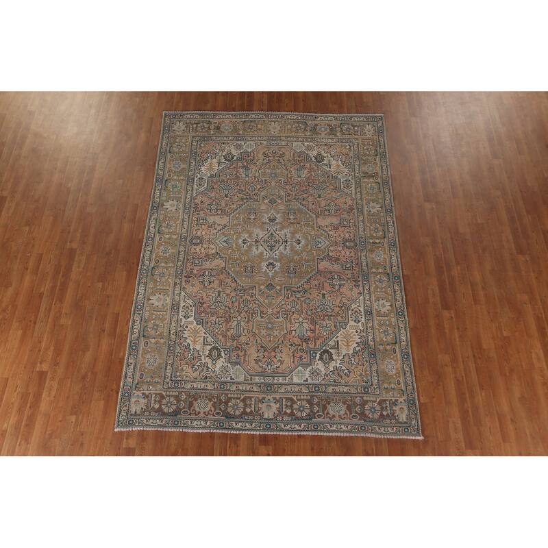 Geometric Tabriz Vintage Area Rug Hand-Knotted Wool Carpet - 6'8" x 9'7"