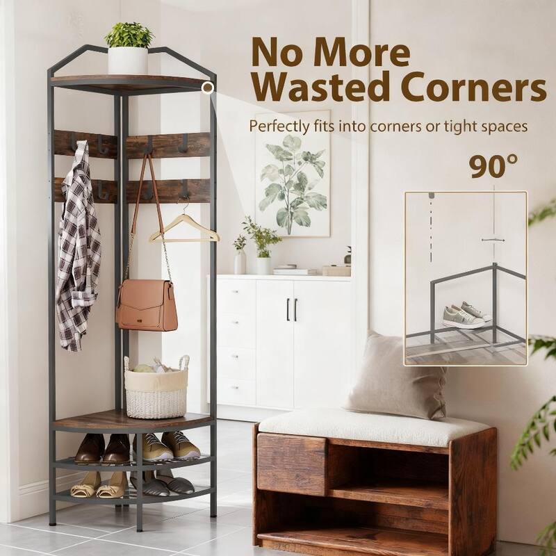 Industrial-Style Corner Coat Rack with Shoe Rack, 8 Movable Hooks and 2 Shelves, for Bedroom Living Room