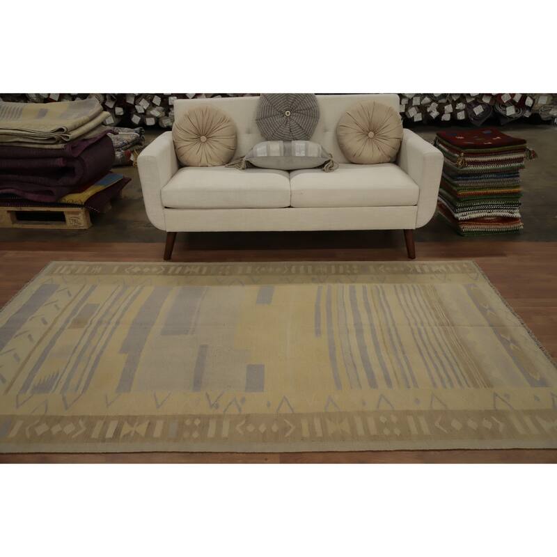 Hand Woven Oriental 100% Wool Carpet Southwestern Tribal Yellow & Gold Kilim Area Rug - 8' 0'' X 4' 10''