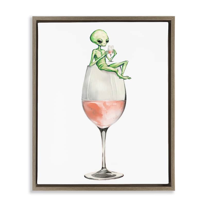 Stupell Lounging Alien on Wine Glass Framed Floater Canvas Wall Art Design By Lil' Rue - 17 x 21 - Brown