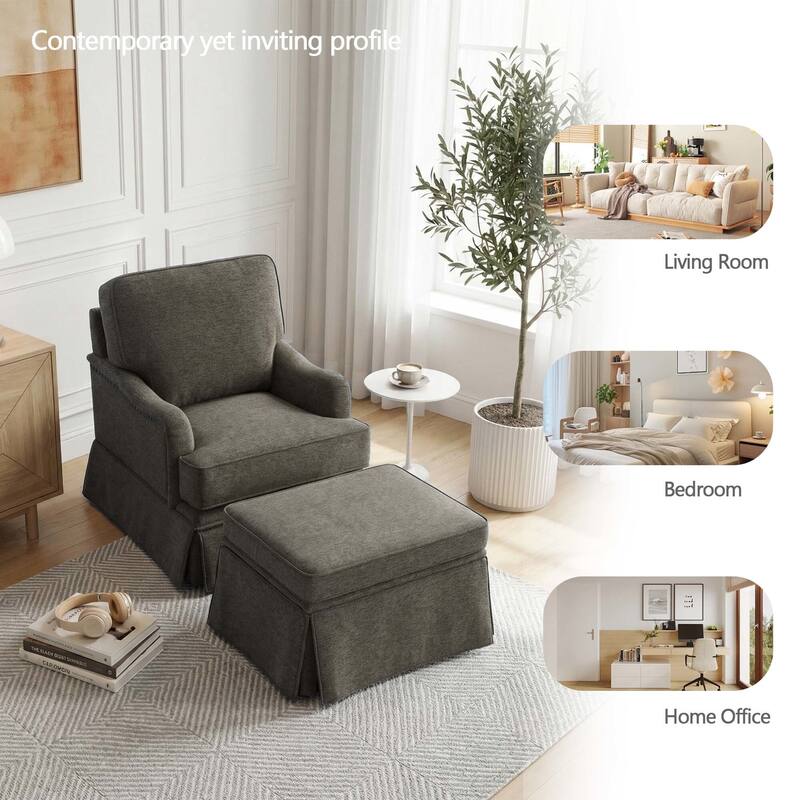 Modern Chenille Swivel Armchair and Storage Ottoman
