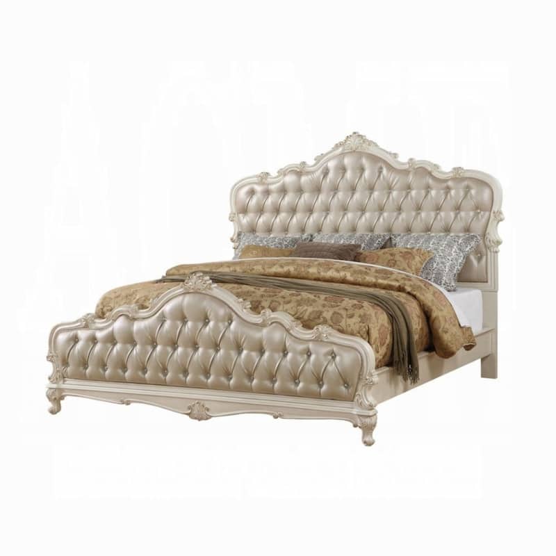Classy Traditional Style Queen Bed, Gold and White