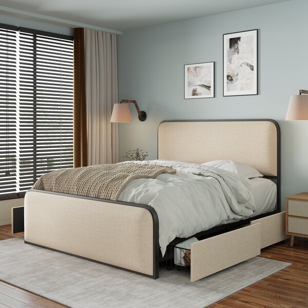 Rページ✨️BEIGE/ M SUNRINX Beige Bed Frame Queen Velvet Upholstered Platform