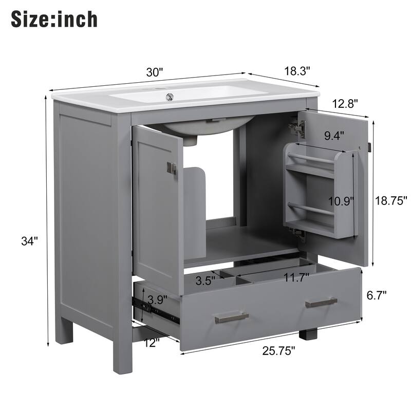 30 Inch Freestanding Bathroom Vanity with Rectangular Ceramic Sink, Two Doors, and Storage Drawer - Elegant Finish