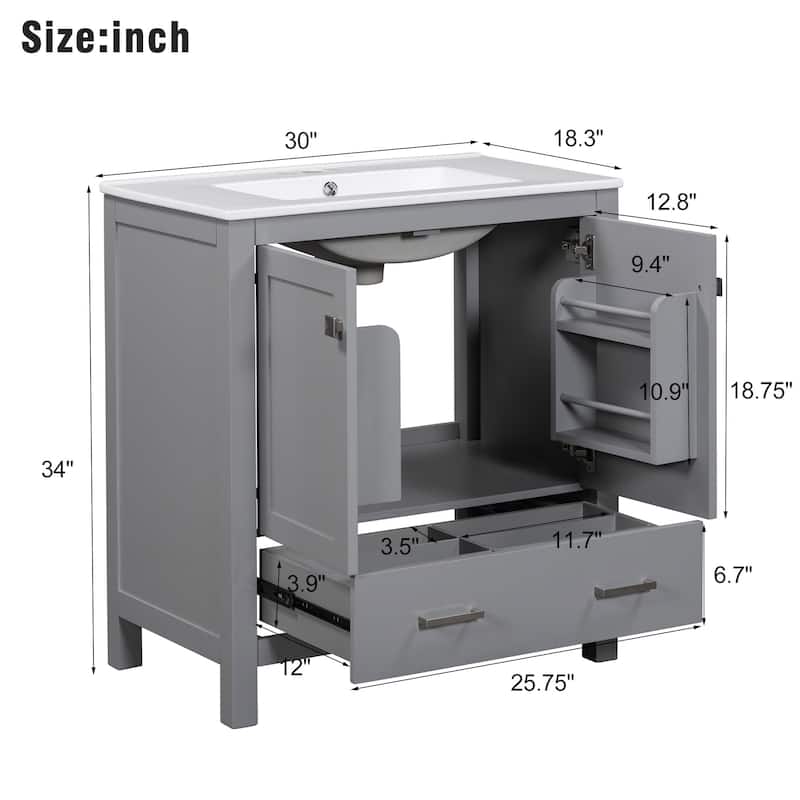 60 Inch Bathroom Vanity with Double Ceramic Sinks, 4 Doors, 2 Drawers, and Divided Storage - Freestanding Design