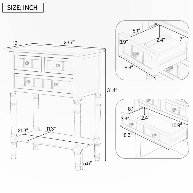 Narrow Console Table with Drawers and Bottom Shelf