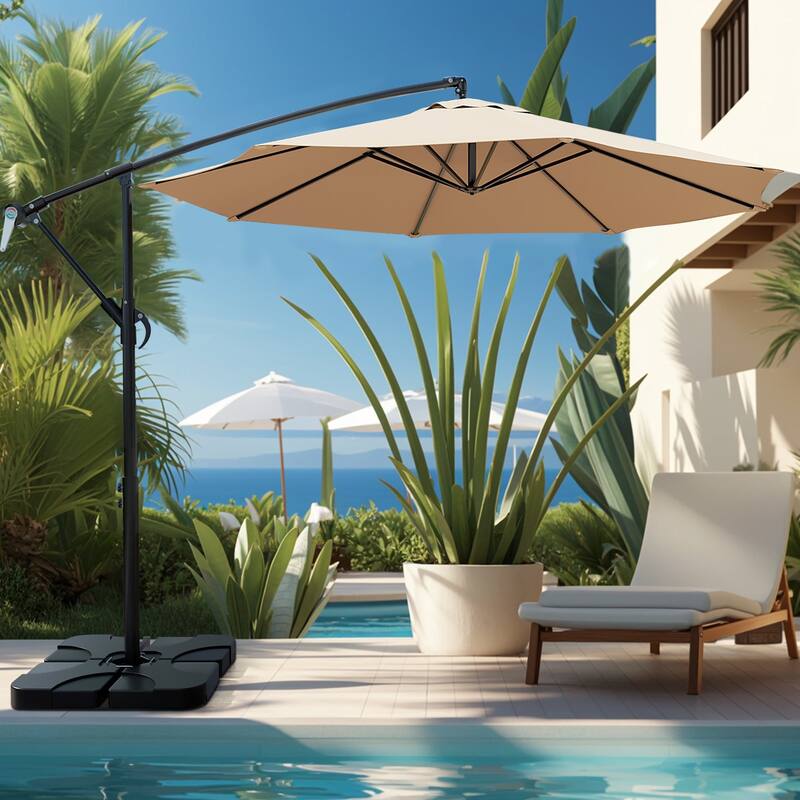 9.8ft Patio Offset Umbrella Cantilever Umbrella with Crank & Cross Bases - Beige