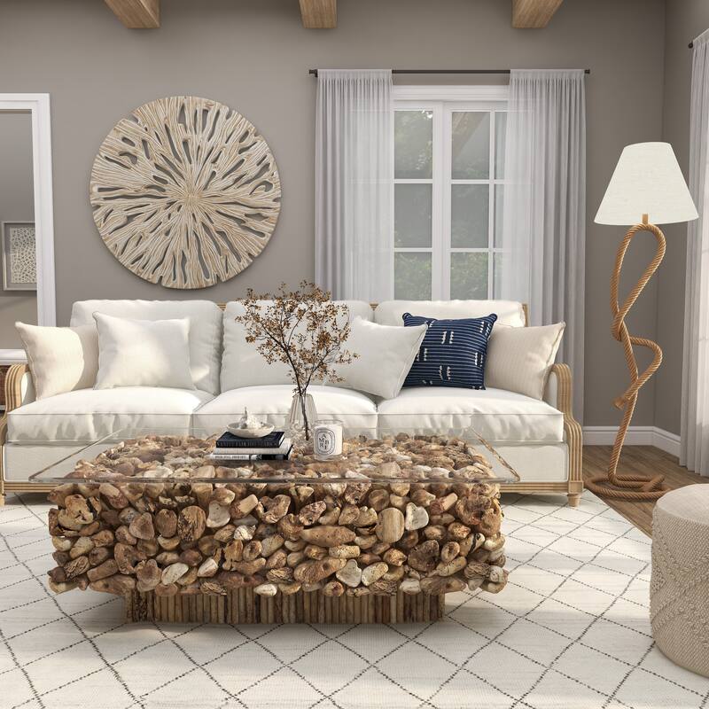 Jute Rope Twisted Rope Floor Lamp with Cream Linen Shade - Brown - Roche River Decor