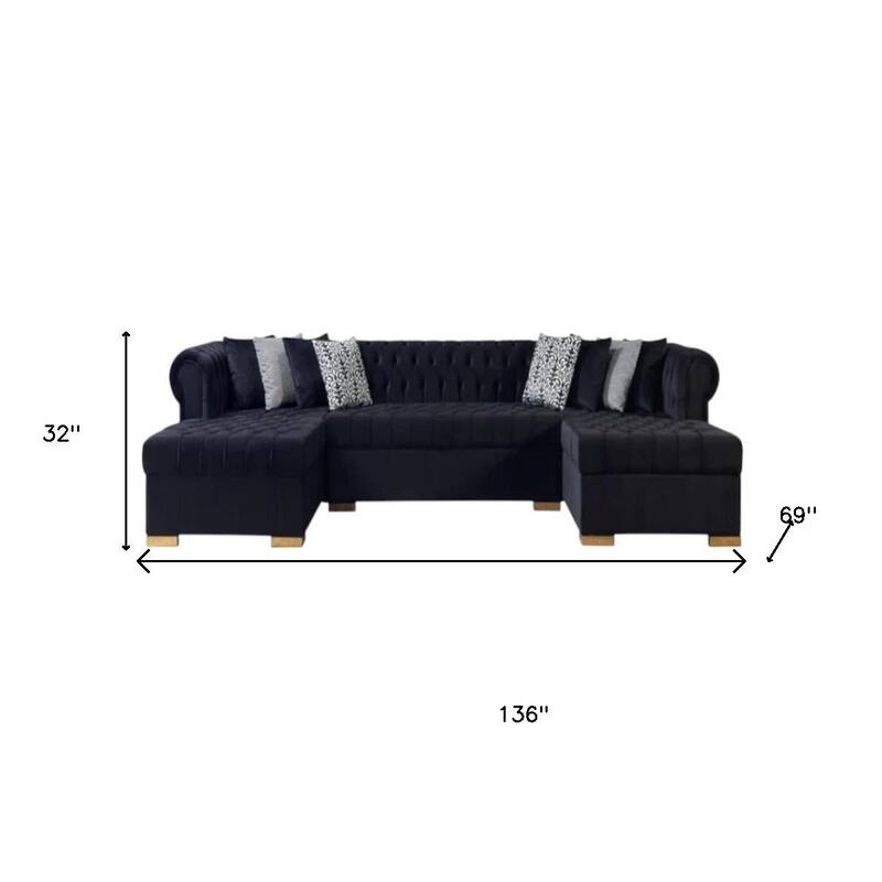 HomeRoots Black Velvet U Shaped Three Piece Sofa and Chaise Sectional With Toss Pillows
