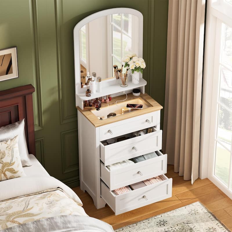 White 4-Drawer Dresser with Mirror, Built-In Charging Station and LED Strip, Modern Vanity Table