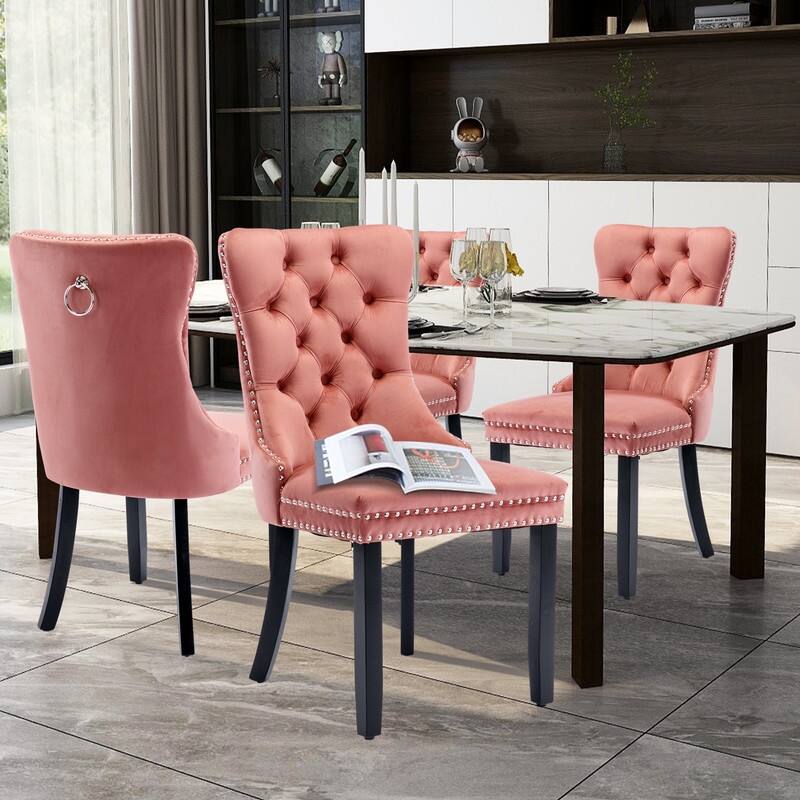 High-end Tufted Velvet Upholstered Nailhead Dining Chair Set of 6