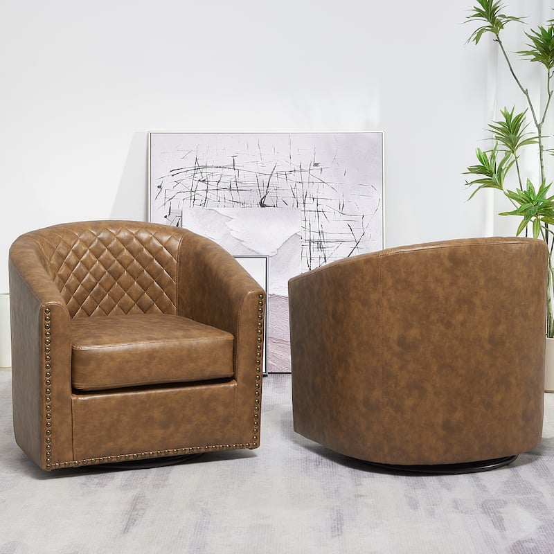 KINWELL 29" Wide Tufted PU Leather Swivel Barrel Chair (Set of 2)