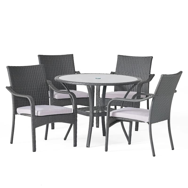 Roomfitters 5-Piece Outdoor Rattan Dining Set with 4 Patio Chairs and Cushions, Grey