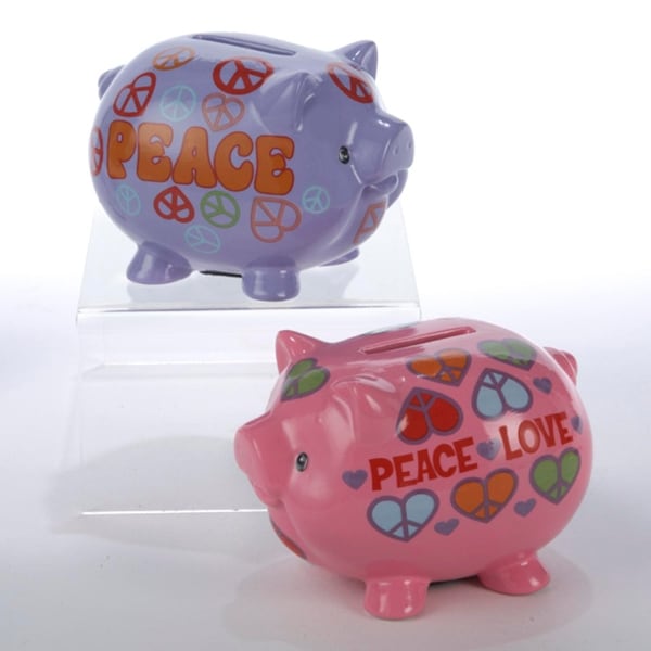 Pack of 6 Pink and Purple Peace and Love Piggy Banks 3.5". Opens flyout.