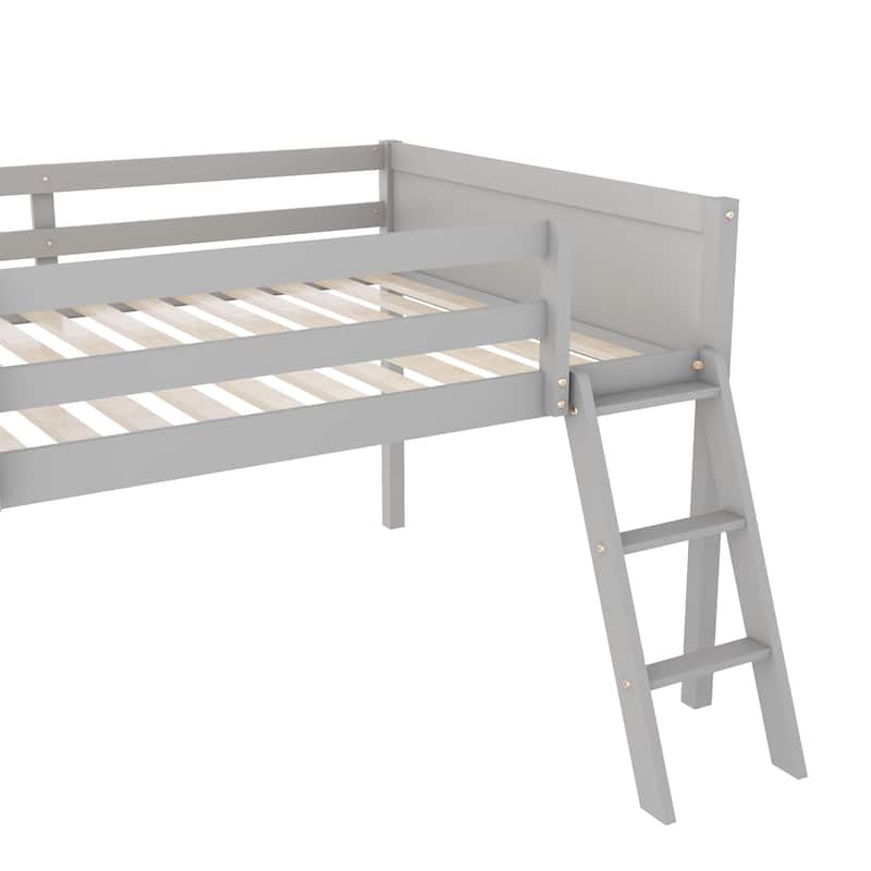Full Size Wood Low Loft Bed with Convertible Ladder, Gray