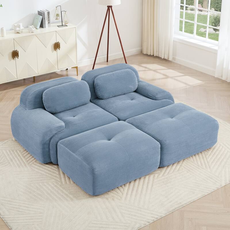 Corduroy Modular Boneless Sectional Sofa with Ottoman, Free combination, Pet-Friendly, No Assembly Required - Blue 81.8" Bed