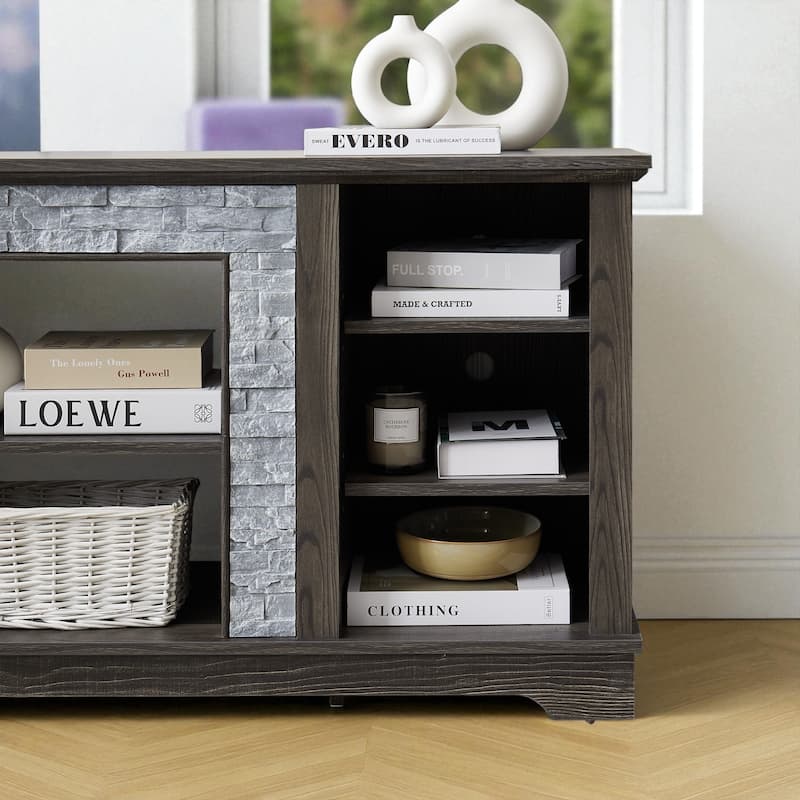 Mantel Stone 58" TV Stand with Faux Stacked Stone Surround, Modern Media Console with Open Storage & Cable Management