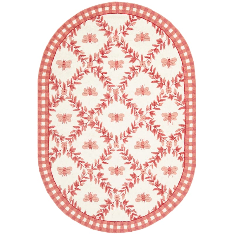 SAFAVIEH Handmade Chelsea Aubree French Country Trellis Wool Rug - 4'6" x 6'6" Oval - Ivory/Rose - Oval