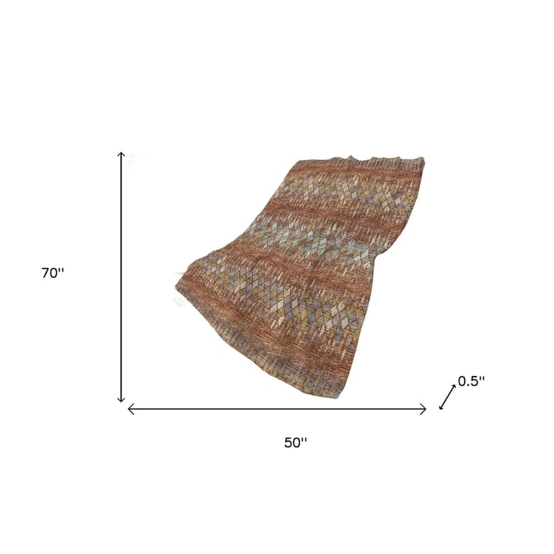 HomeRoots 50" X 70" Cinnamon Gold And Blue Geometric Polyester Woven Plush Throw Blanket