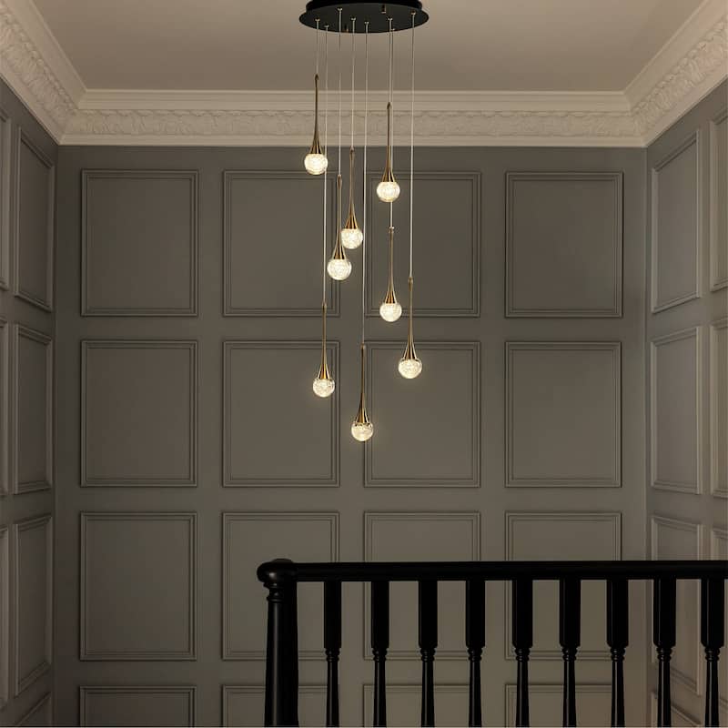 18'' 8-Light Modern Seeded Glass Cluster Integrated LED Teardrop Staircase Chandelier Minimalist Entryway LED Pendant Light