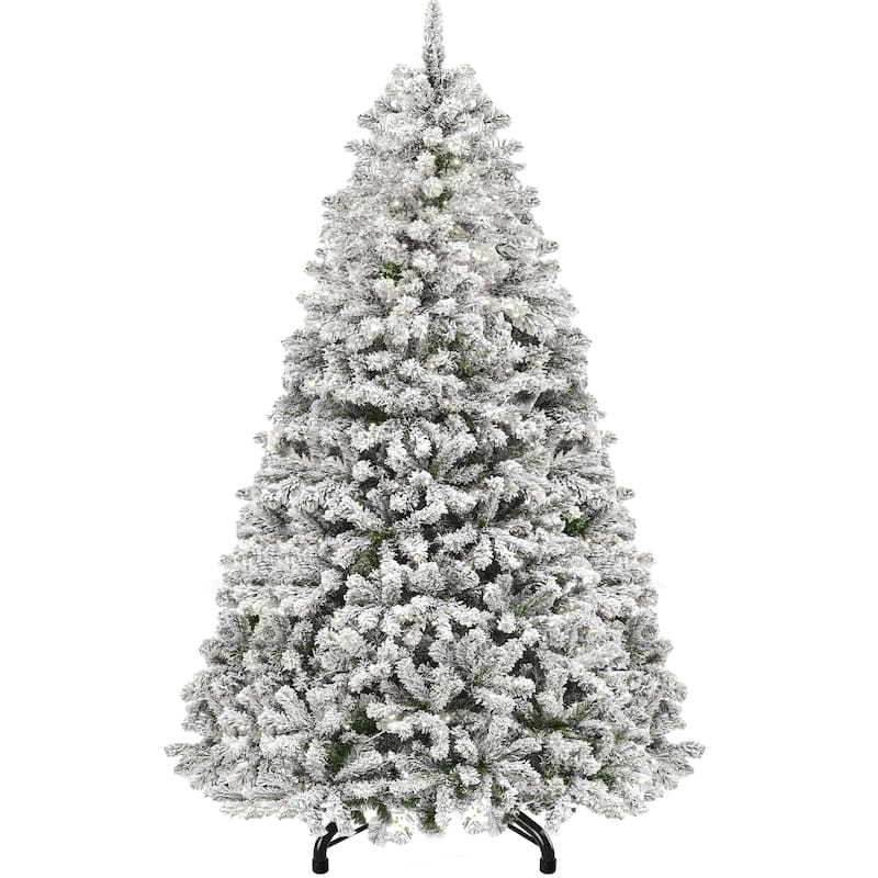Snow Flocked Artificial Full 6/7.5/9ft Christmas Pine Tree with 8 Light-Modes, 800 Branch Tips, and Foldable Base for Home