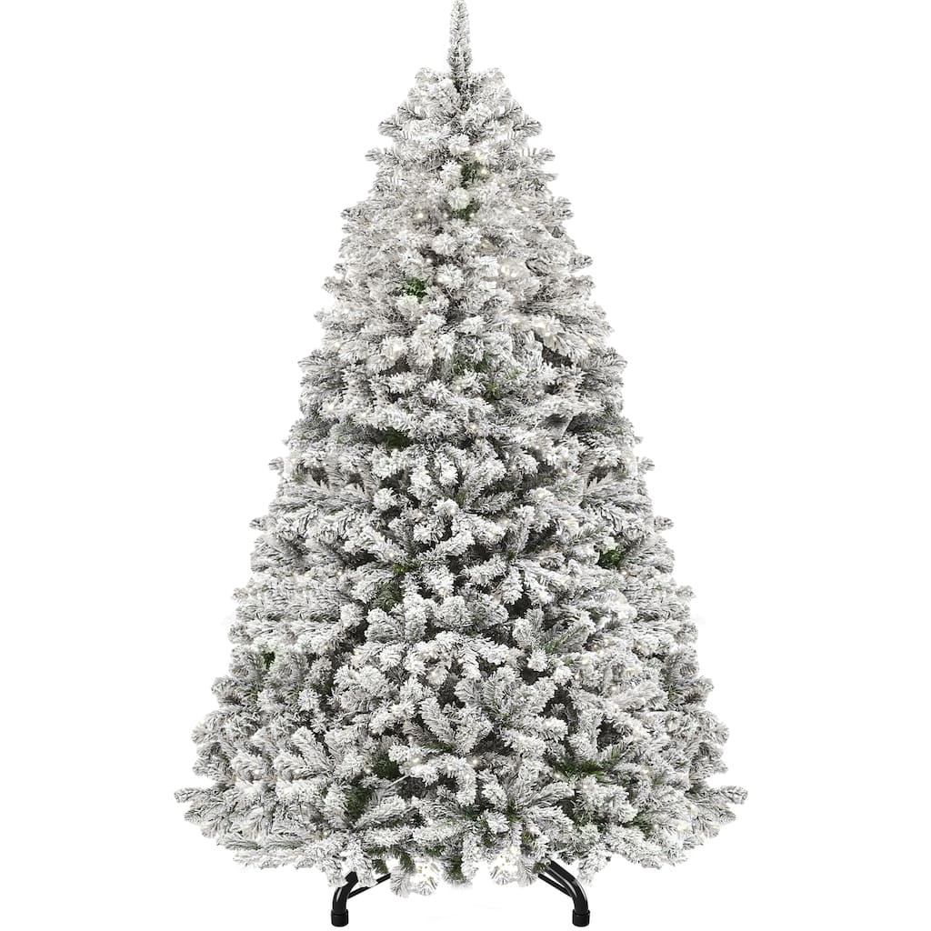 Snow Flocked Artificial Full 6/7.5/9ft Christmas Pine Tree with 8 Light-Modes, 800 Branch Tips, and Foldable Base for Home