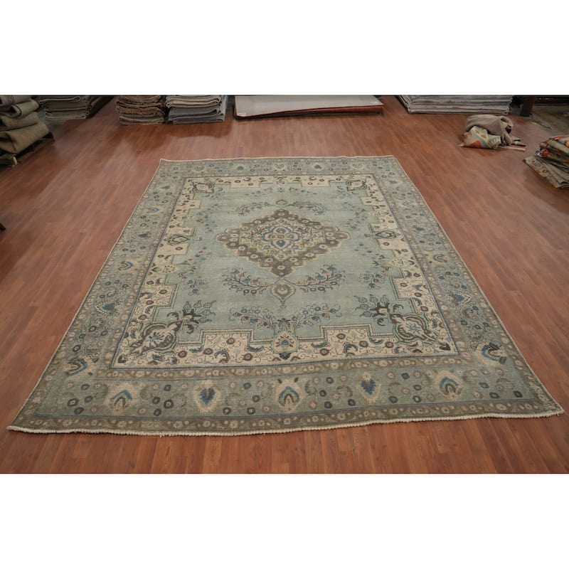 Hand Knotted Oriental 100% Wool Carpet Traditional Floral Greys & Charcoal Tabriz Area Rug - 11' 9'' X 9' 6''