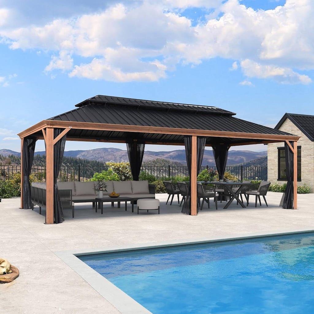 PURPLE LEAF Hardtop Gazebo Galvanized Steel Roof Gazebo Pergola w Wooden Coated Alumninum Frame and Mosquito Net