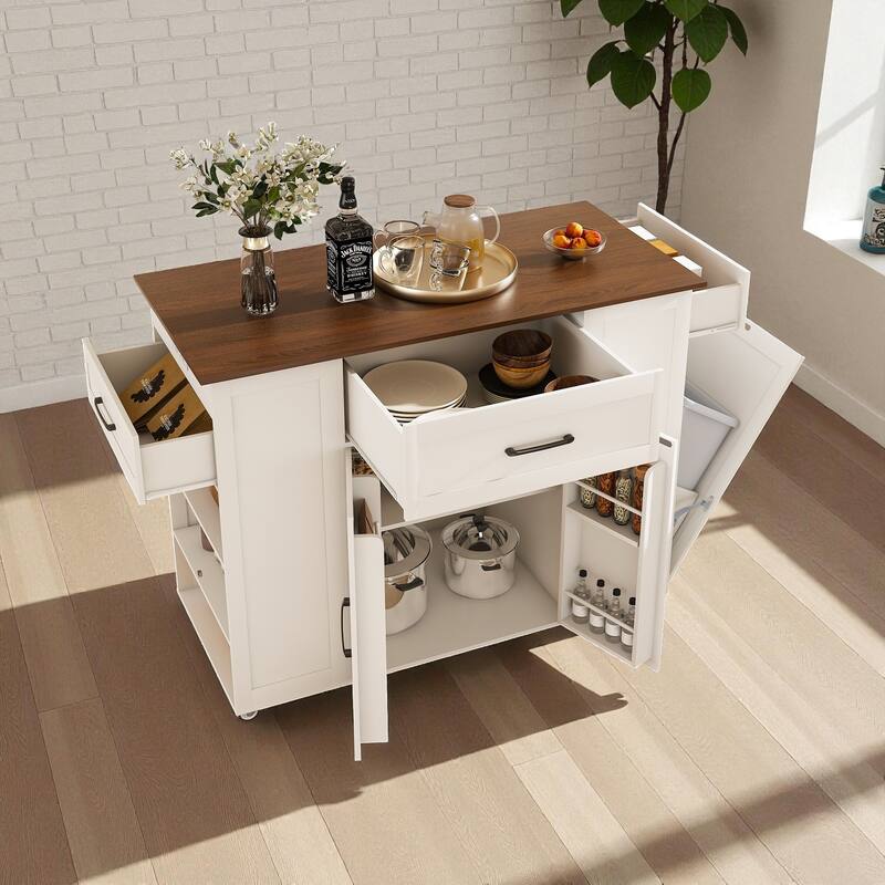 46" Rolling Kitchen Island with Power Outlet, Storage Drawers, Adjustable Shelf & Wood Top for Kitchen Dining Room