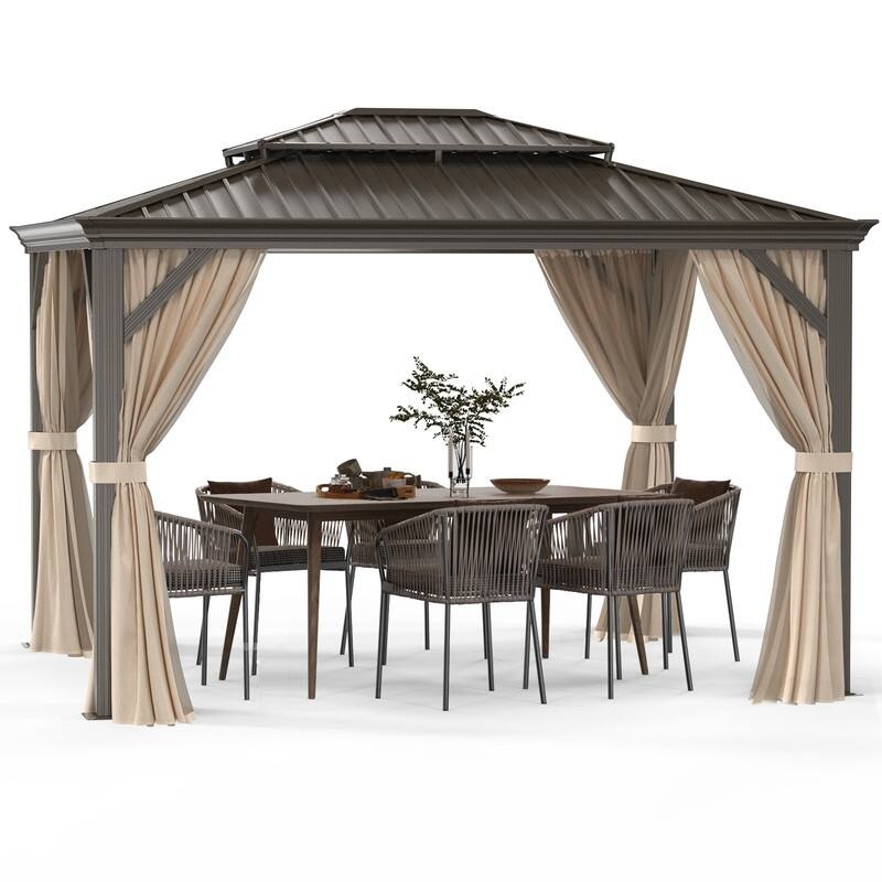 10x12 FT Hardtop Double-top Patio Gazebo with Polyester Curtains and Nettings