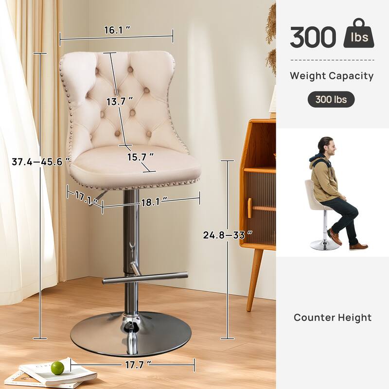 Velvet Adjustable Swivel Counter Height Barstools Set of 6