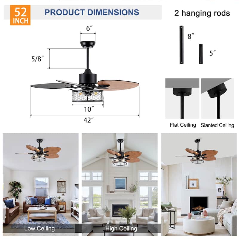 42"Ceiling Fan, Indoor Ceiling Fan With Light with Remote Control, Noiseless Reversible Motor, 6 Speed