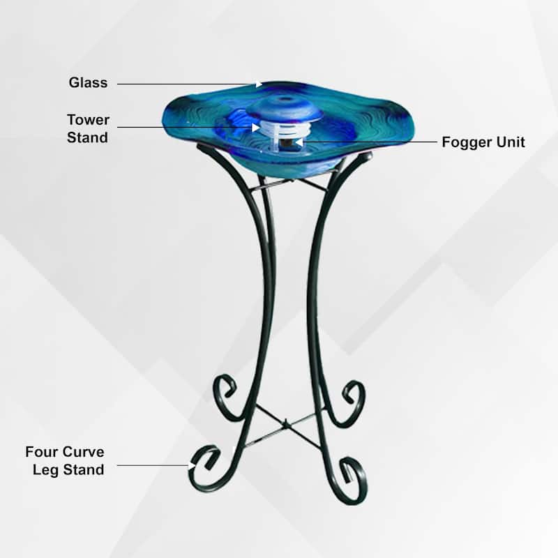 27in Tall Floor Mist Fountain with LED Lights and Inline Control - Blue Glass and Metal Design, Blue Freestanding Mist Fountain