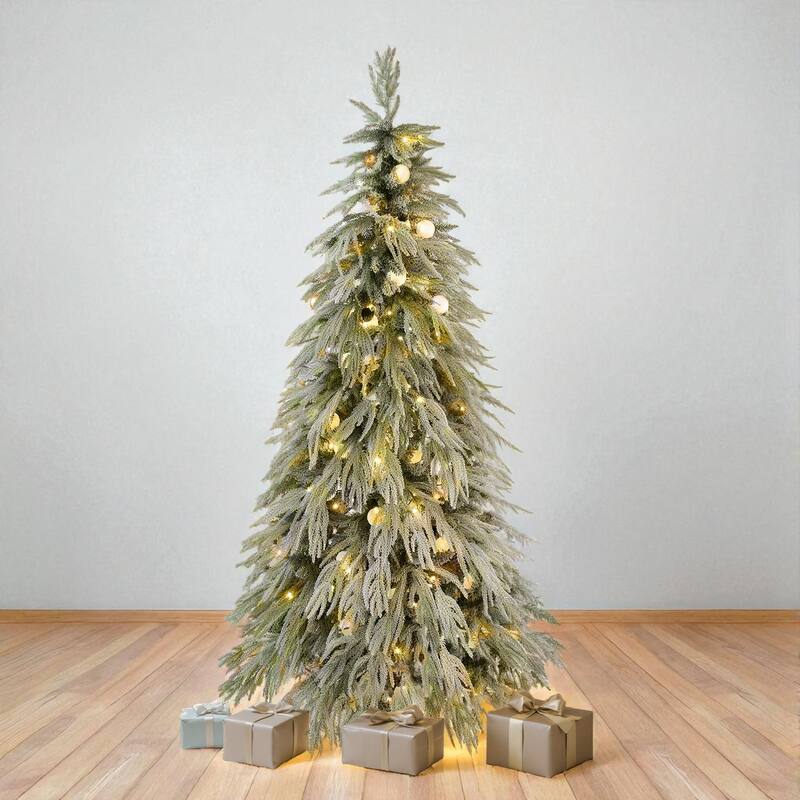 6FT Pre-Lit Snow Flocked Christmas Tree with Warm LED Lights, Artificial Hinged Spruce Holiday Décor