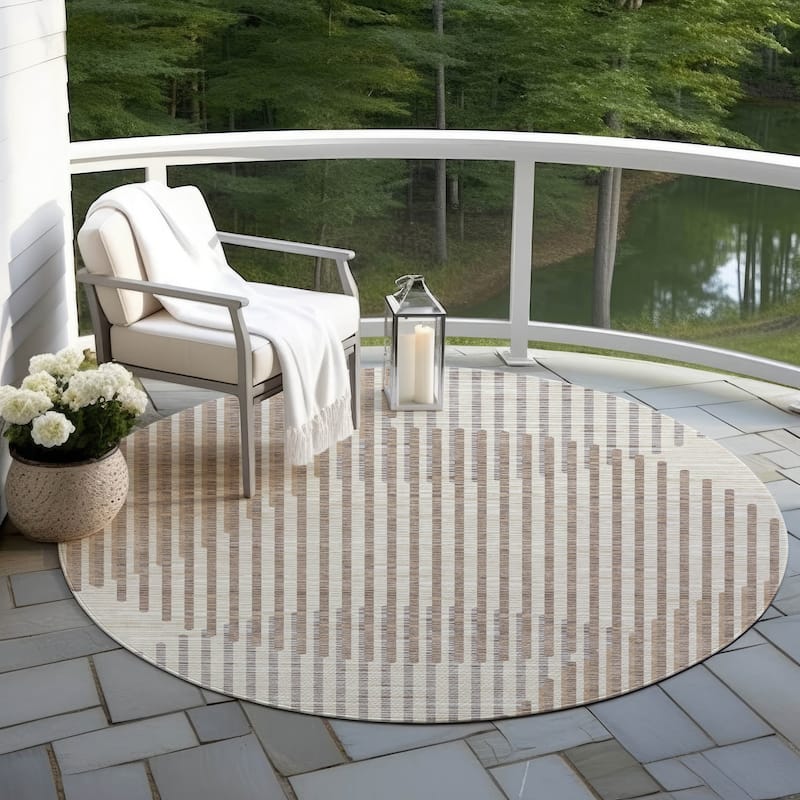Machine Washable Indoor/ Outdoor Abstract Stripe Chantille Rug - Beige - 8' x 8'