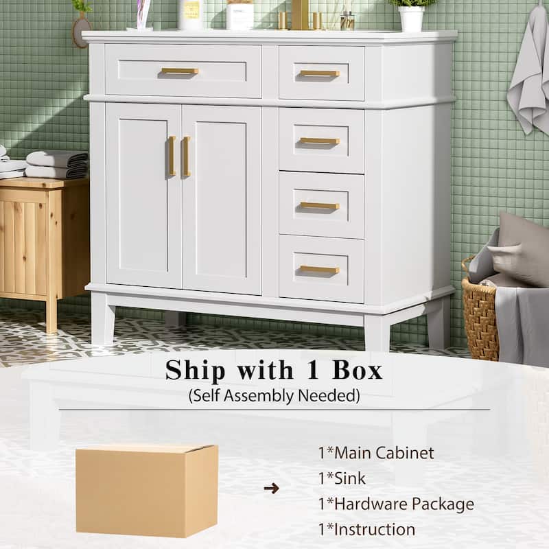 36 Inch White Bathroom Vanity with Ceramic Sink, Modern Freestanding Cabinet with Soft Close Doors and 4 Drawers
