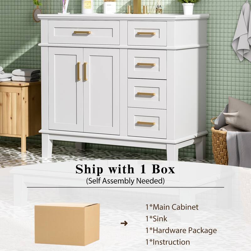 GDFStudio - Elysia Modern 36" Freestanding Bathroom Vanity with Ceramic Sink, Soft-Close Doors & 4 Drawers
