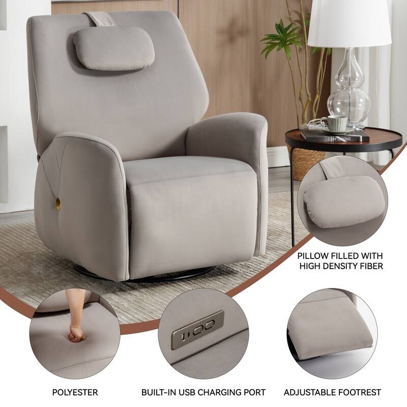 Electric Power Glider Recliner with 270° Swivel, Rocking Motion, Ergonomic Lumbar & Neck Support, Dual USB/Type-C Ports