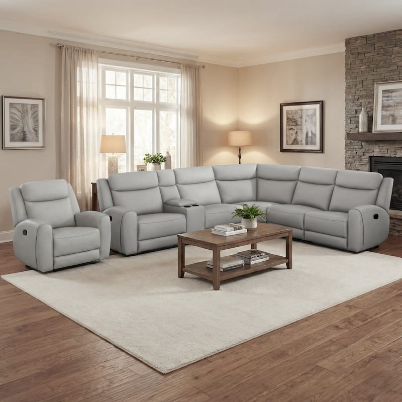 Furniture of America Kingsley Modern 2-Piece Top Grain Leather Sectional Sofa and Recliner Set - Light Grey