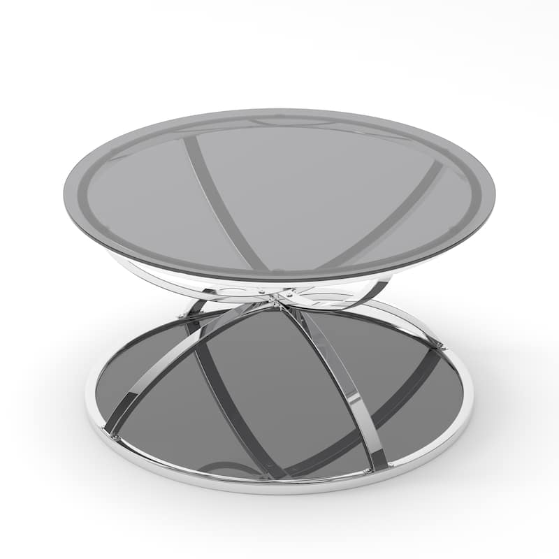 31.50"Modern Glass Coffee Table with 2 Tiers, Ring-Shaped Frames, Chrome Finish and Gray Tempered Glass, Round Coffee Table