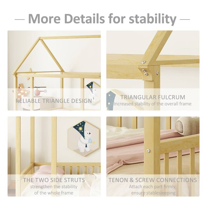 Twin/Full Size Floor Bed with Wooden House Roof Frame and Safety Guardrails for Children's Bedrooms, Small Space