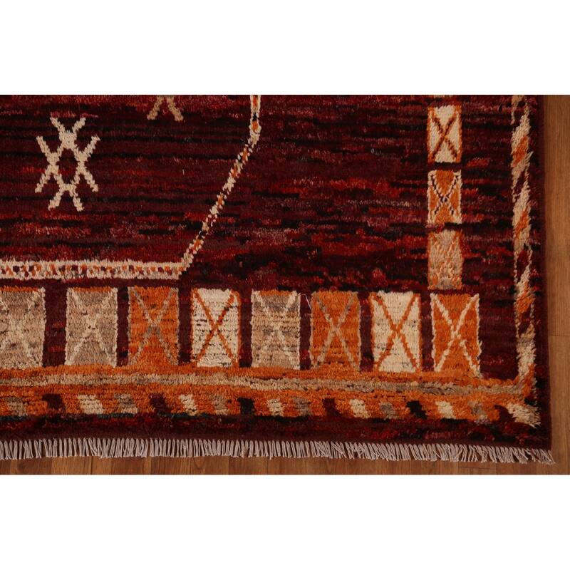 Hand Knotted Oriental 100% Wool Carpet Modern Tribal Red Moroccan Area Rug - 9' 10'' X 7' 0''