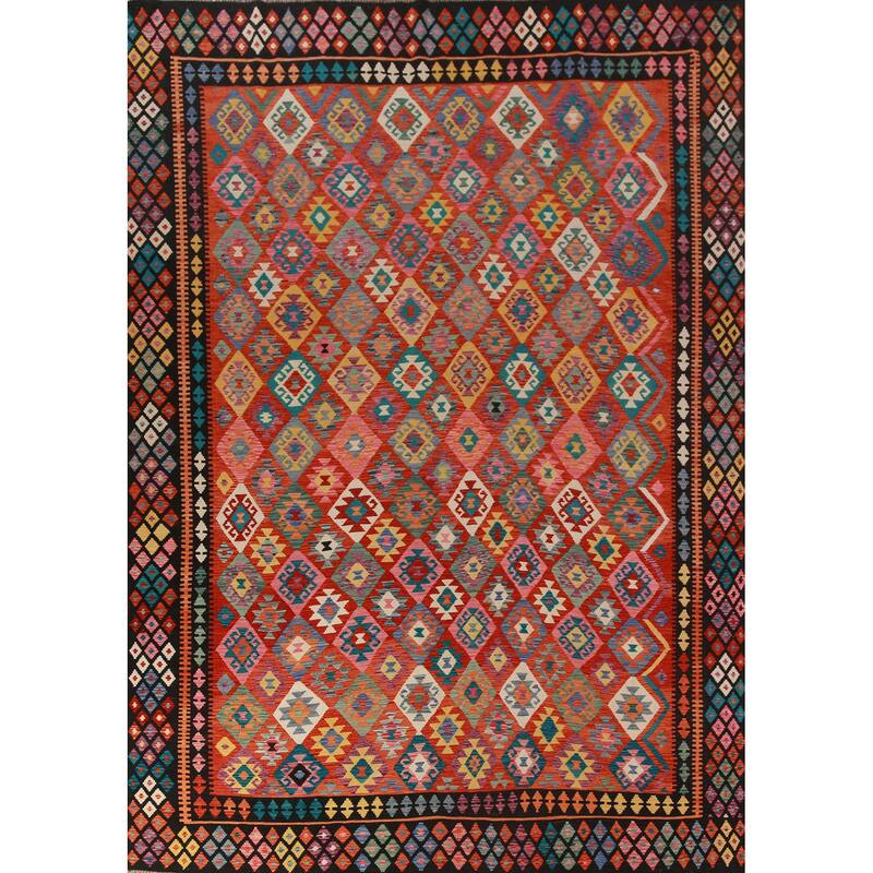 Kilim Oriental Area Rug Flatweave Orange Reversible Wool Carpet - 9'9"x 13'0"