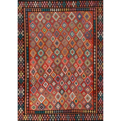 Kilim Oriental Area Rug Flatweave Orange Reversible Wool Carpet - 9'9"x 13'0"