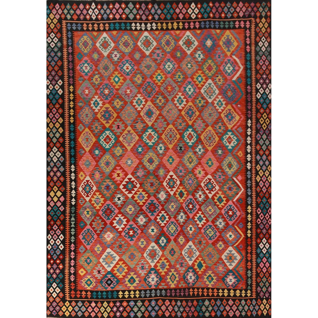 Kilim Oriental Area Rug Flatweave Orange Reversible Wool Carpet - 9'9"x 13'0"