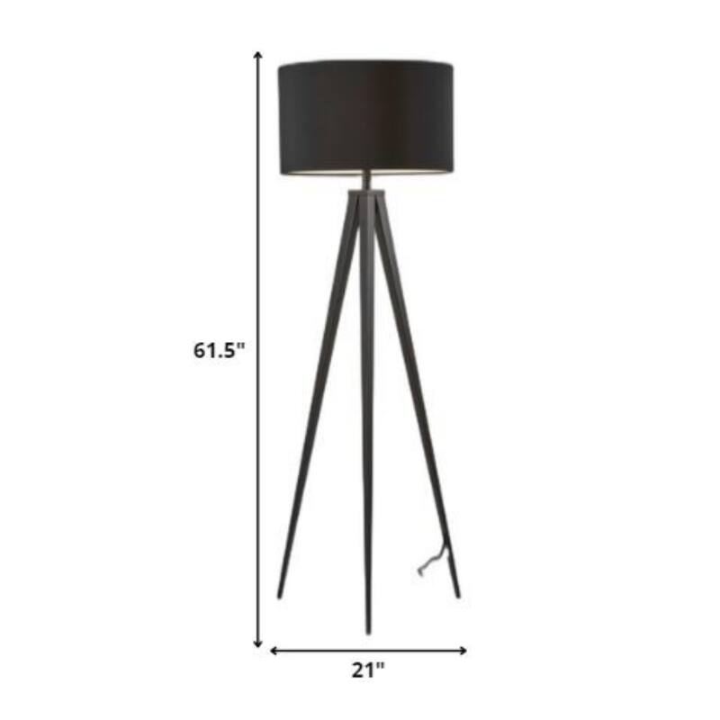 62-Inch Tall Modern Black Tripod Floor Lamp with Fabric Drum Shade and Metal Stand for Living Room - 61.5”H x 21”W x 21”D