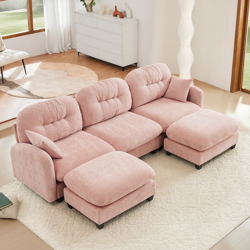 GDF Studio - Nina Modular Modern Chenille U-Shaped Sectional Sofa with Ottoman and 2 Soft Throw Pillows - Pink
