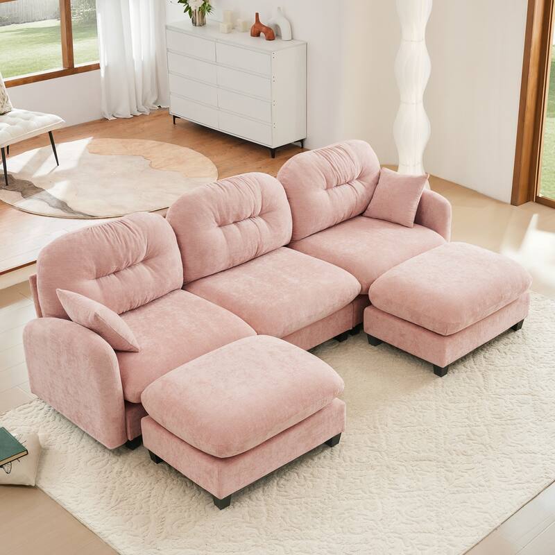 Modular Chenille Tufted Sofas Fits Bedroom, Living Rooms - Pink(3 Seat+2 Ottoman)