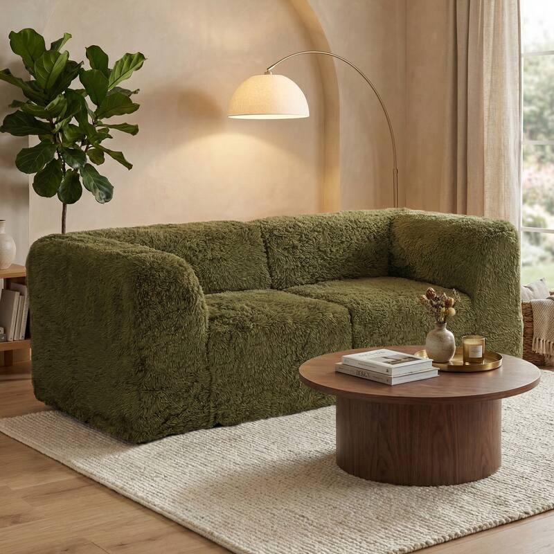 Furniture of America Ylena Modern 2-Piece Faux Fur Foam Modular Compressed Loveseat - Olive Green